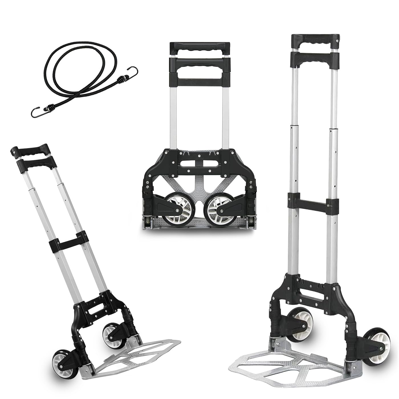 MERCURY TEXTIL- Carretilla Plegable de Aluminio con Cuerda, Carro de Mano Compacto, Portátil con Ruedas de Goma Soporta hasta 70kg para un Fácil Transporte en Viajes, Oficina y Hogar. (Negro)