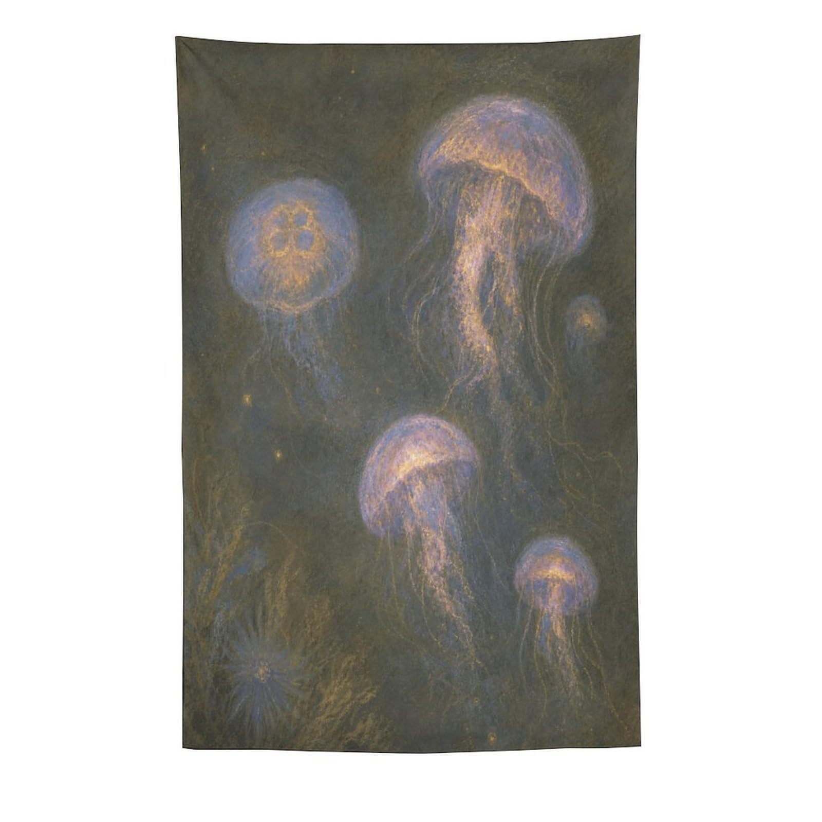Glowing Jellyfish Wall Tapestry, Realistic Illustration, Dark Ocean