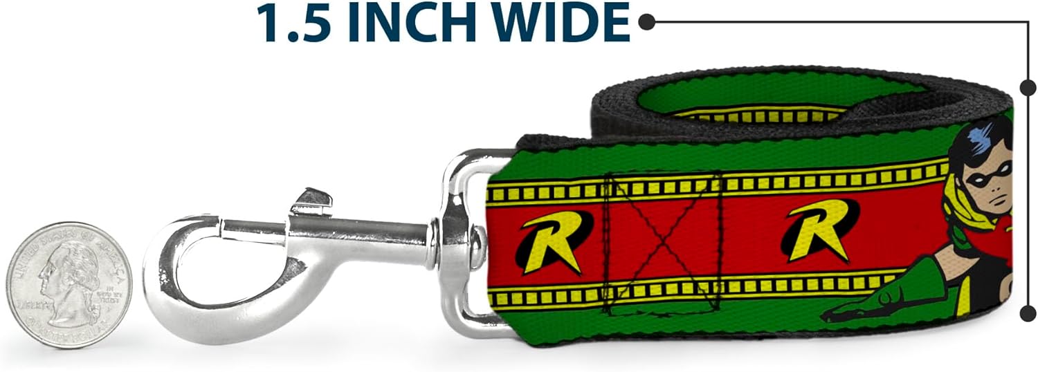 DC Comics Pet Leash, Dog Leash, Robin Action Pose Logo Stripe Green Yellow Red Black, 4 Feet Long 1.5 Inch Wide