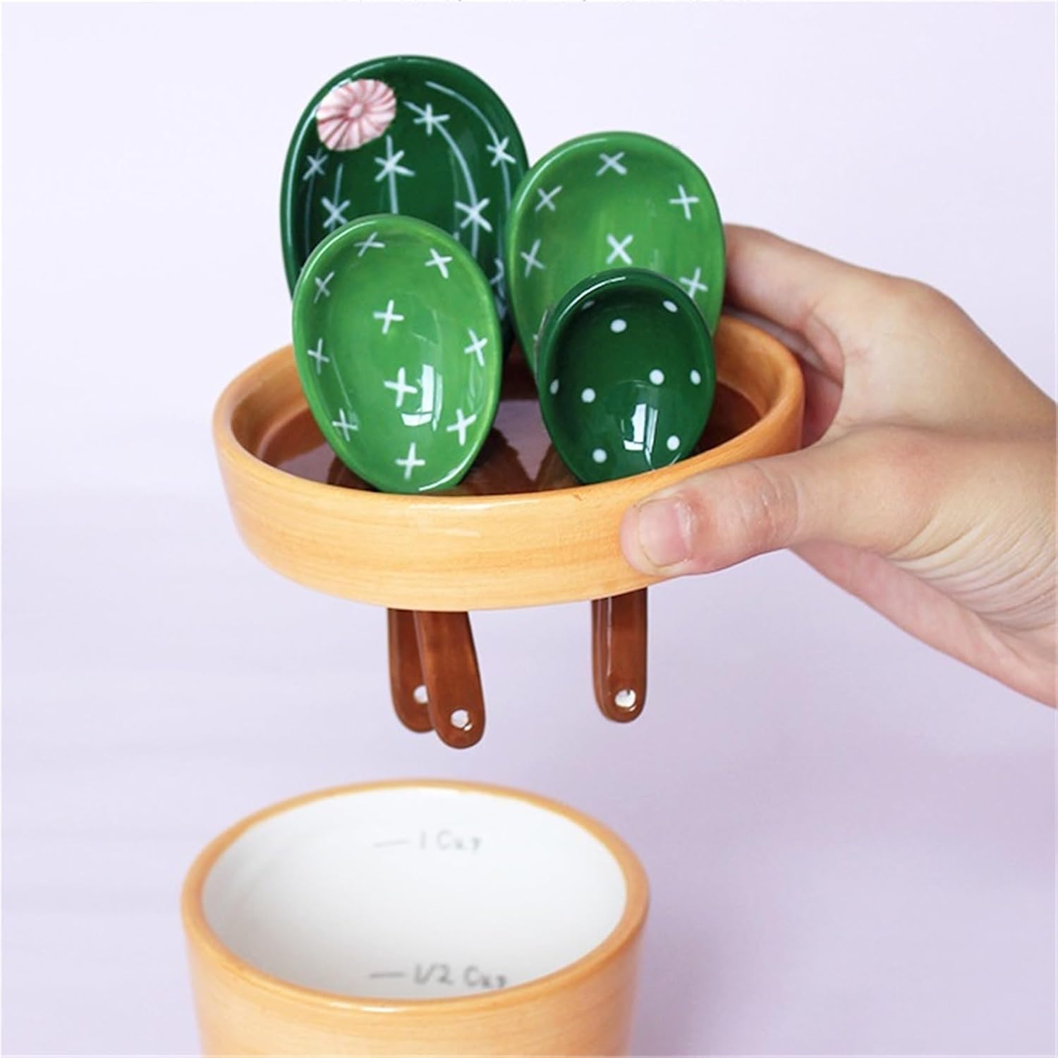 Cactus Ceramic Measuring Spoon Set, Baking Measuring Spoon, Home Kitchen, Measuring Spoon, Spoon, Measuring Cup, Kitchen Decoration, Multi-Purpose Measuring Spoon(Green)