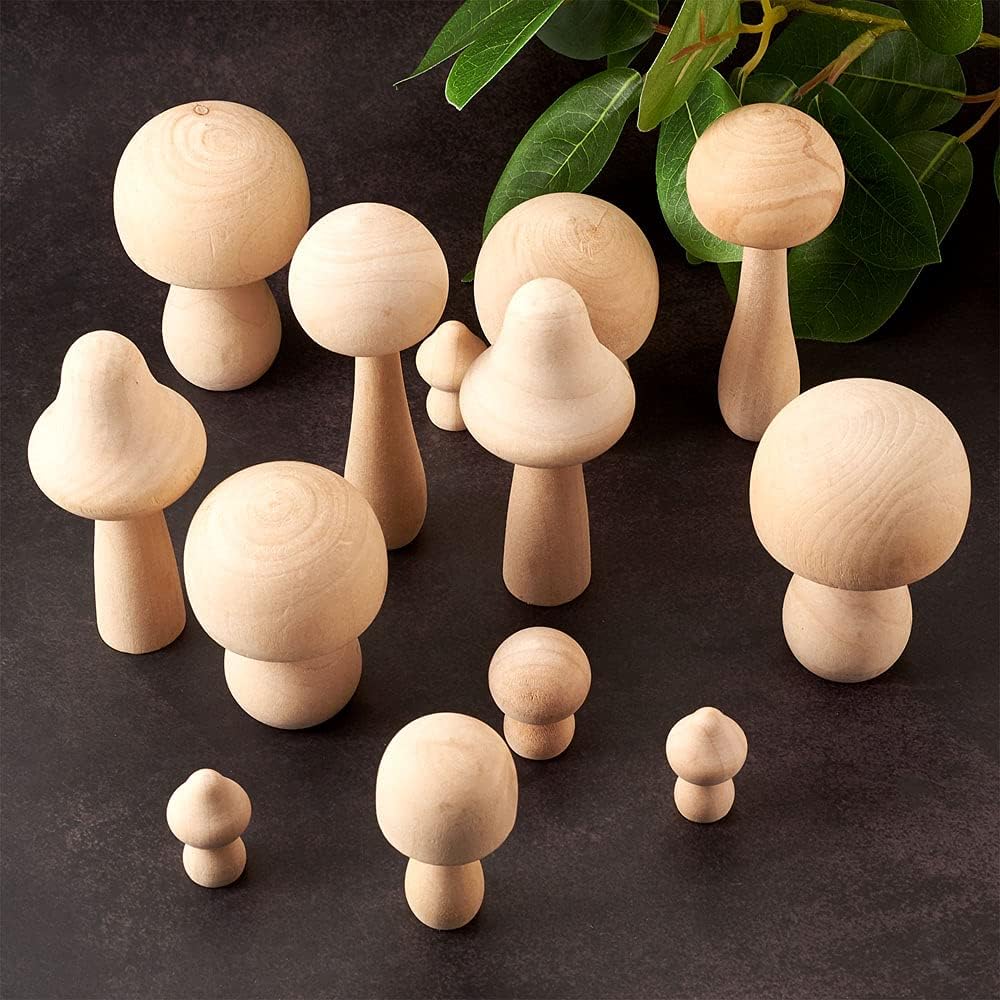 KISSITTY 23pcs/Set Unfinished Wooden Mushroom Natural Paintable Wood Mushroom Heads Peg Dolls for DIY Crafts House Office Painting Projects Indoor Art Drawing