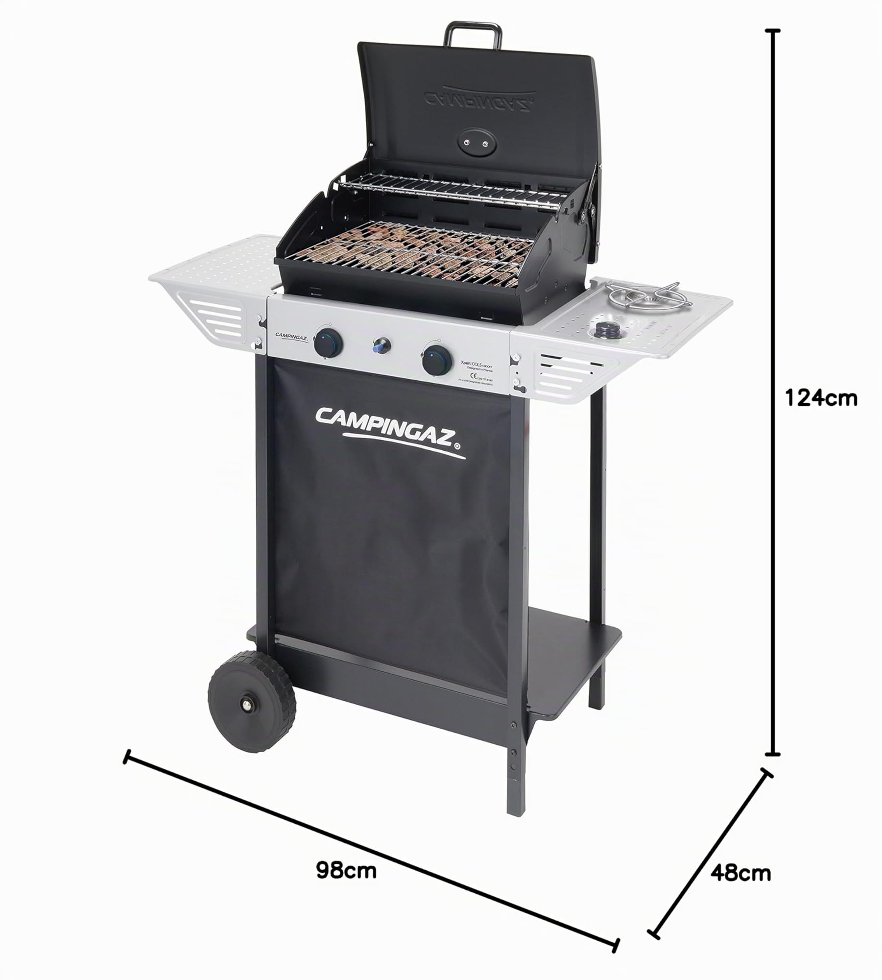 Campingaz Xpert 100 LS Plus Rocky Barbacoa Gas para Piedra Volcanica, BBQ gas con 2 quemadores, 7.1kW de potencia, 2 Parrillas de acero cromado, 2 mesas laterales y rocas de lava