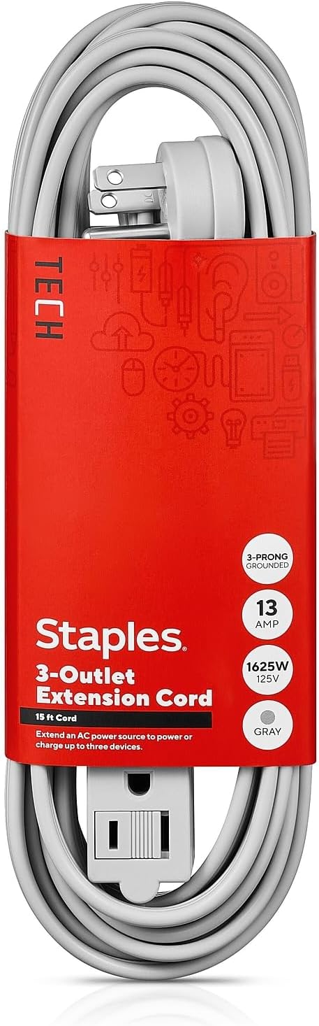Staples 3-Outlet, 15ft Extension Cord, Gray