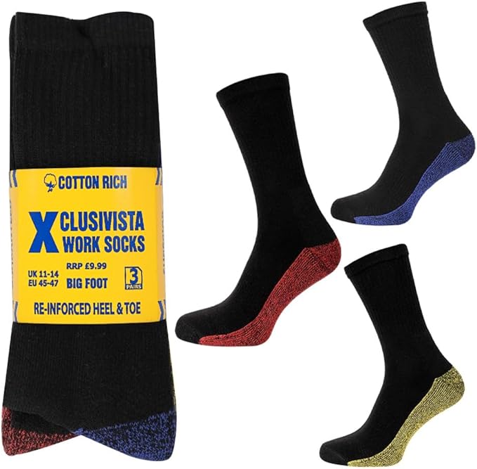 Xclusivista 9 Pairs Mens Work Socks BIG FOOT Black with Assorted