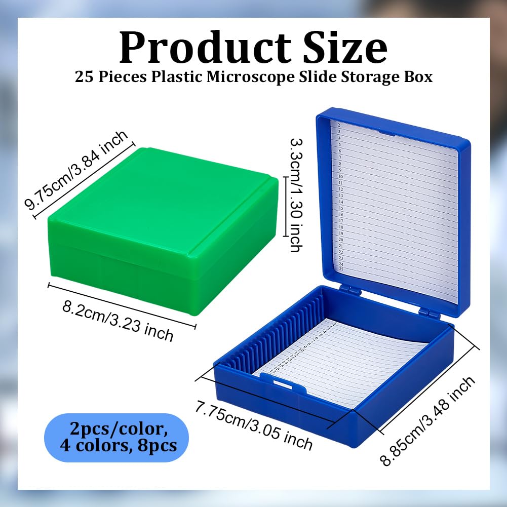 OLYCRAFT 8 unidades de 4 colores de plástico para microscopios, 25 compartimentos, para microscopio de 25 mm x 75 mm, caja de almacenamiento para microscopio de cristal