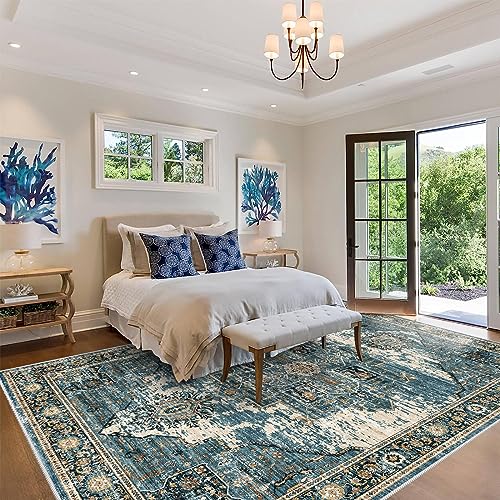 RUUGME Washable 9x12 Area Rugs - Large Rugs for Living Room Stain Resistant Carpet Vintage Rugs for Bedroom with Non Slip Backing Home Decor Floor Decoration Mat (9x12 Blue)