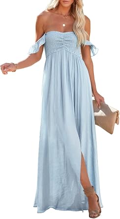 Happy Sailed Womens 2025 Summer Smocked Off The Shoulder Maxi Dresses Ruffle Short Sleeve A Line Side Slit Sundress