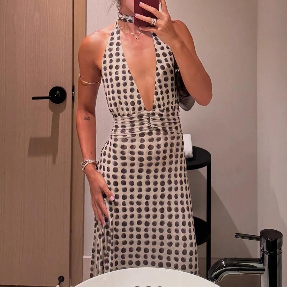 Women Halter Backless Dress Deep V Neck Open Back Mesh Maxi Dress Beach Vacation Wedding Guest
