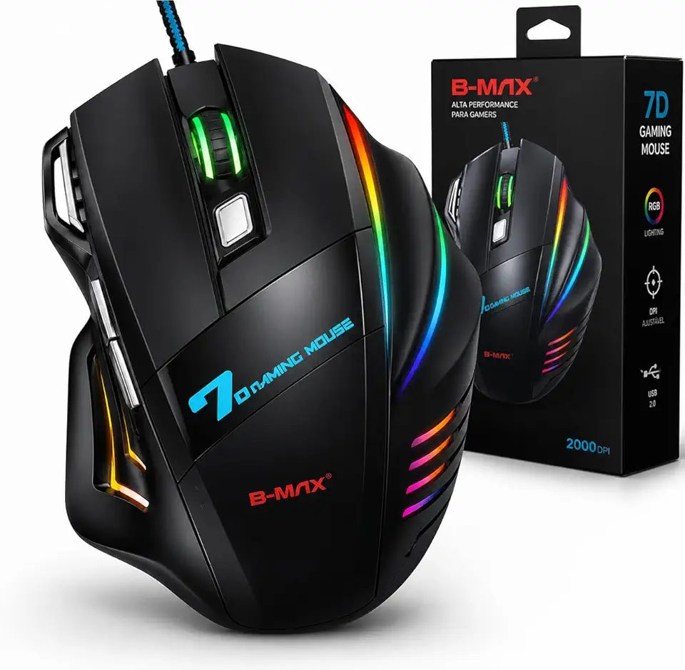 Mouse Gamer B-MAX X7 USB 7 Botões 2400 DPI com LED RGB, Sensor Óptico de Alta Precisão, Botão DPI Ajustável, Design Ergonômico Antiderrapante, Cabo Reforçado, Ideal para PC, Notebook e Jogos FPS