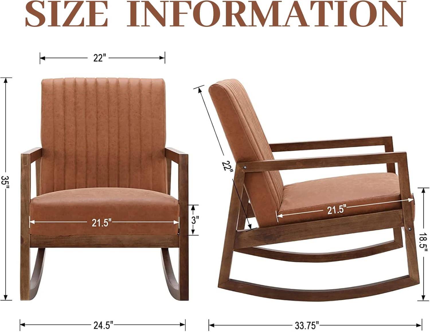 Faux Leather Rocking Chairs Set of 2 Mid Century Modern Recliner Accent Chair Comfy Lounge Arm Chair for Nursery Bedroom Living Room, Retro Brown PU