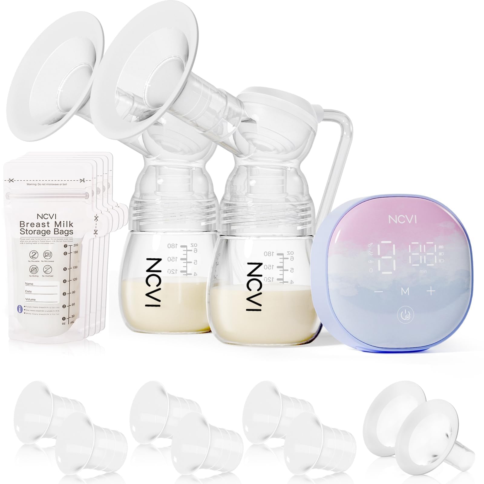 NCVI Extractor de leche eléctrico doble 8122, extractor de leche portátil con 4 modos, 9 niveles, succión de grado hospitalario de 280 mmHg con bridas de 17/19/21/24 mm para el hogar, la oficina y los