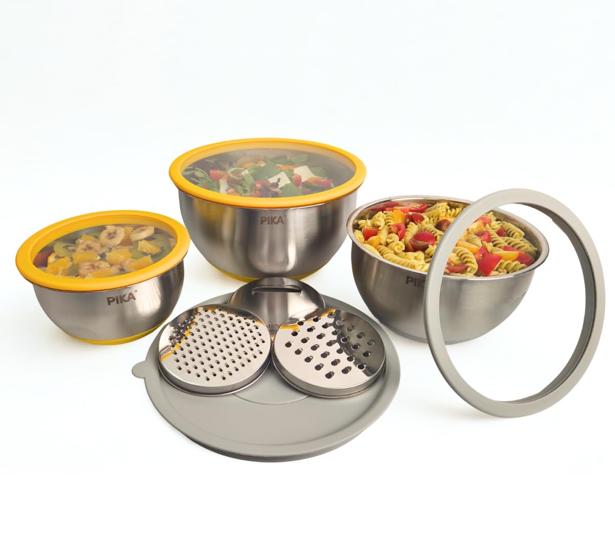 PIKA° 4-in-1 Edelstahl Schüssel Set (3-tlg) mit Glasdeckel & 3 Reibe-Aufsätzen | Multifunktions-Schüsseln zum Reiben, Rühren & Servieren | Stapelbar & Luftdicht | Ideal für Salat, Teig & Picknick