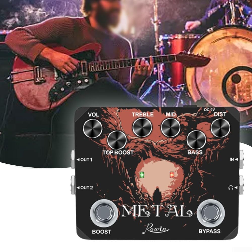 Rowin Metal Distortion - Pedale effetto chitarra con equalizzatore a 3 bande e sweep, High Gain Boost per toni hard rock e metal, True Bypass, nero
