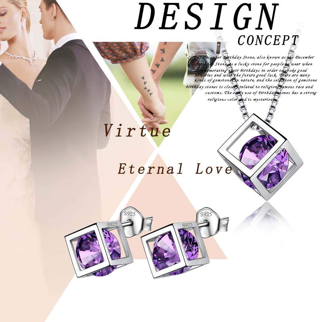 Aurora Tears 925 Sterling Silber Birthstone Halsketten Ohrstecker Schmuck Sets Geschenke Quadrat Birthstone Anhänger für Frauen und Mädchen