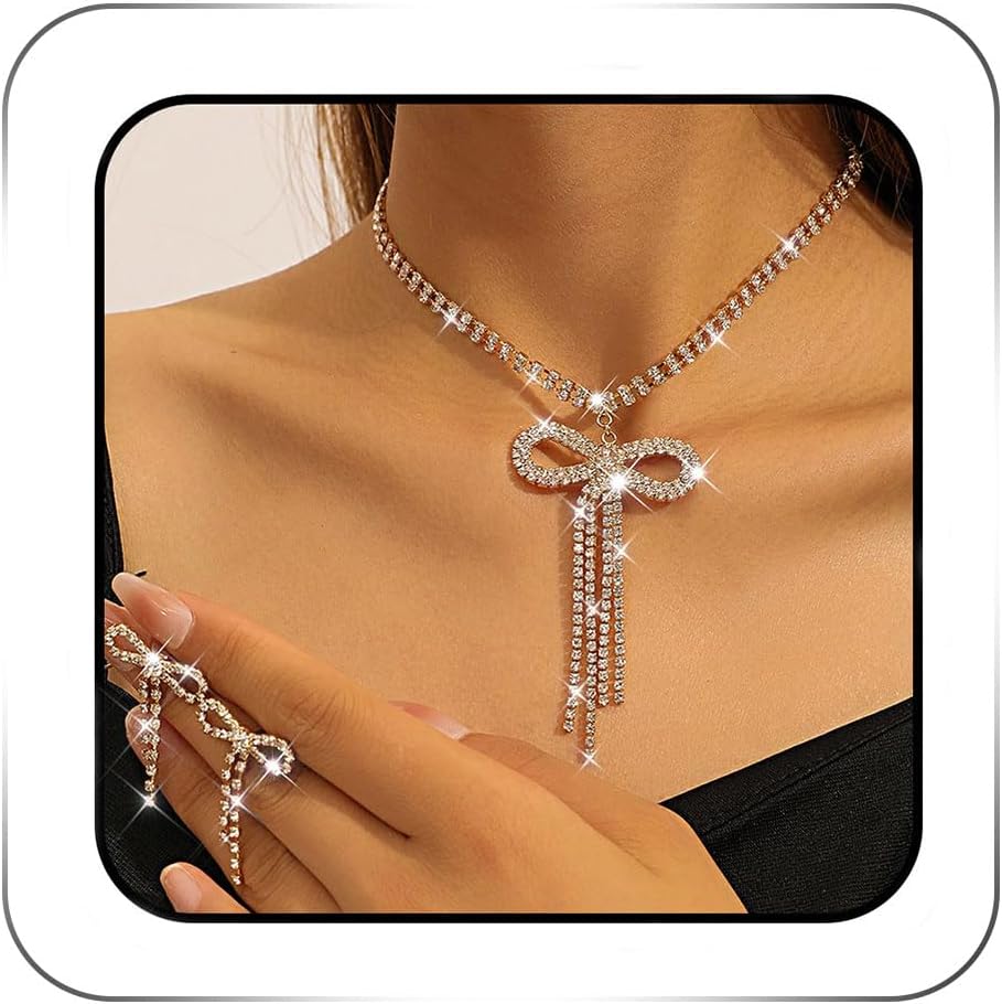 JEAIRTS Rhinestone Bow Jewelry Set Sparkly Bowknot Necklace and Earrings Crystal Prom Jewelry Sets for Women