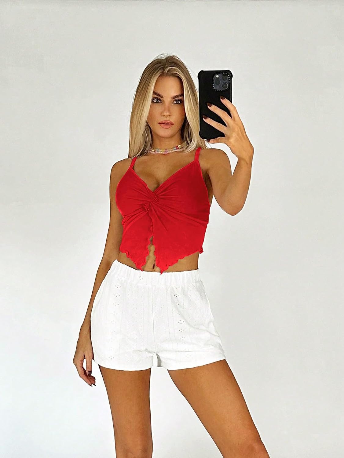 BEAUDRM Women's Going Out Tops Y2K Twist Front Cami Crop Tops Spaghetti Strap Ruffle Asymmetrical Ruched Camisole