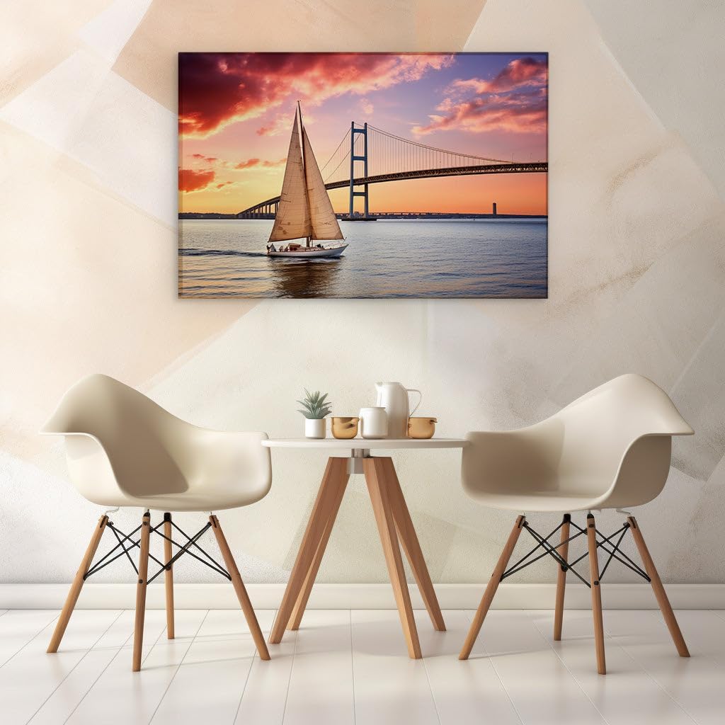 Canvas for Living room. Sailing into the Sunset: A Serene Journey Beneath the Bridge's Span, 27 x 18 inch Canvas Wall Art - Contemporary Masterpieces - Modern Home Decor