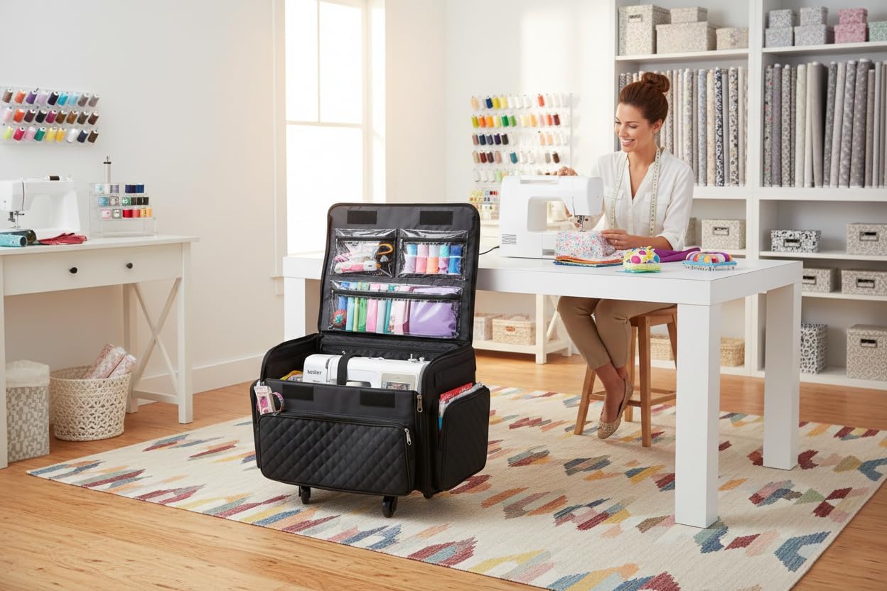 Everything Mary 4 Wheels Collapsible Deluxe Sewing Machine Storage Case, Black - Rolling Trolley Carrying Bag for Brother, Singer - Image 2