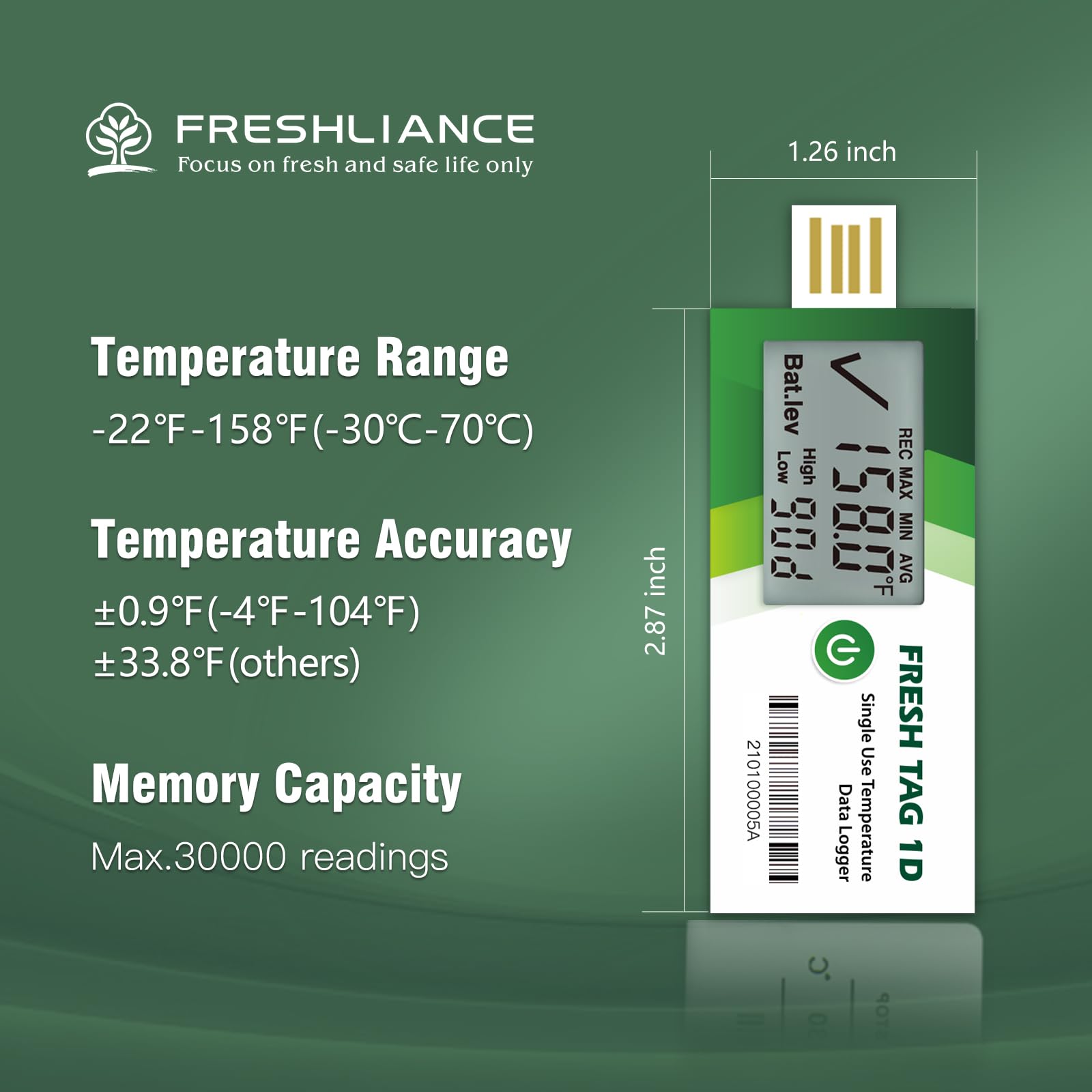 Freshliance Registrador de datos de temperatura LCD de un solo uso con informe PDF 7Days 10Pack Fresh Tag1D
