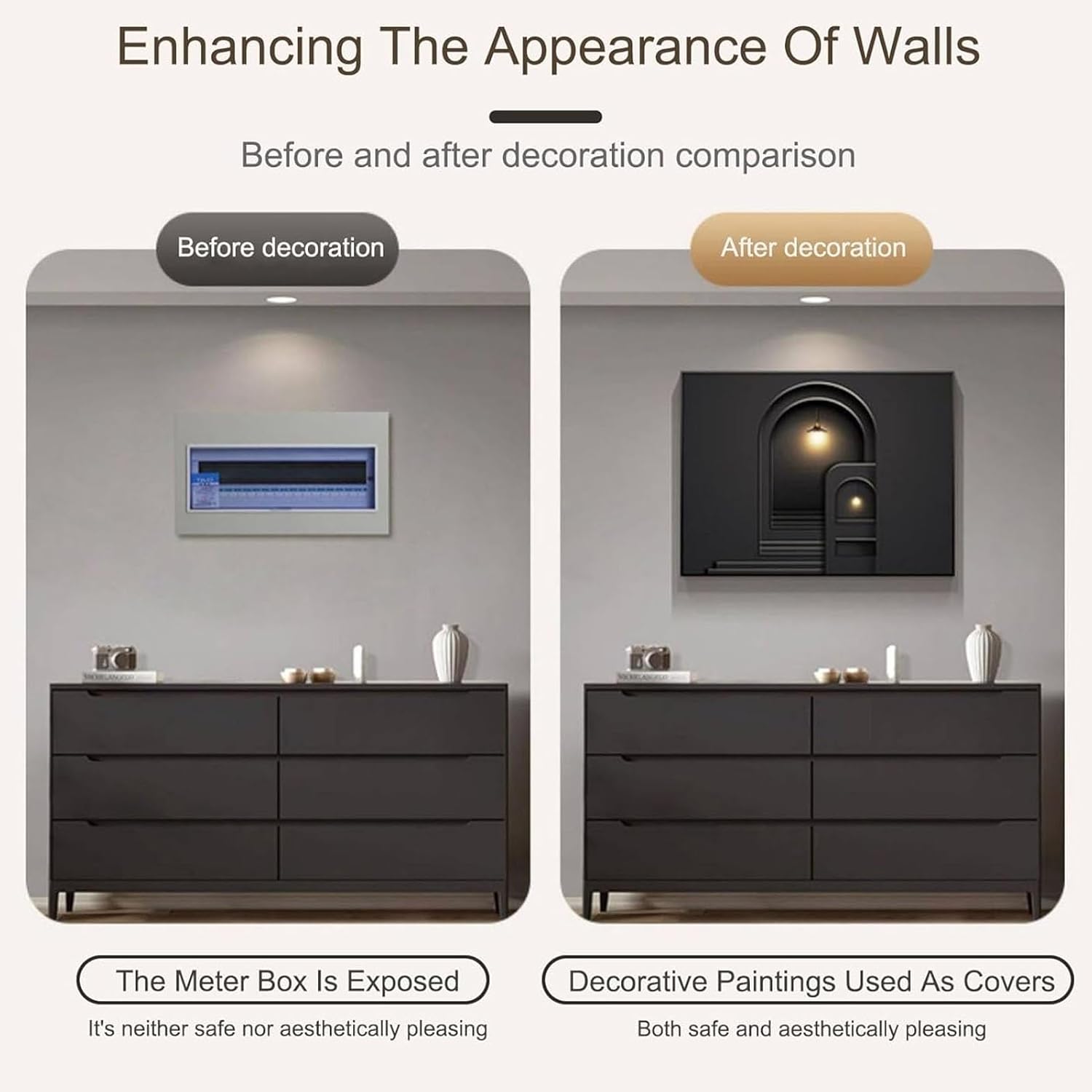 Electrical Panel Cover with Quiet Clock, Wall Mounted Decorative Breaker Box Cover with Sliding Door, Creative Fuse Box Concealer for Living Room Home Office(Color 2,50x40cm/19.7x15.7in)