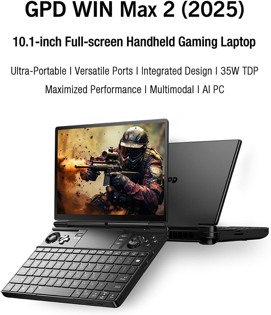 GPD Win Max 2 2025 Handheld Game Console from an angled perspective, showing the screen and keyboard.