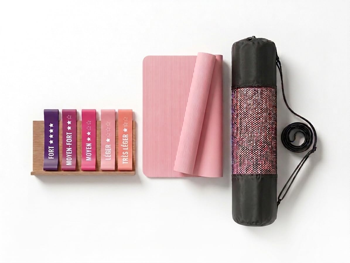 Kit Yoga 3 en 1, Tapis de Yoga Antidérapant Rose + 5 Bandes Élastiques de Résistance + Sac de Transport, Set Complet Fitness et Pilates