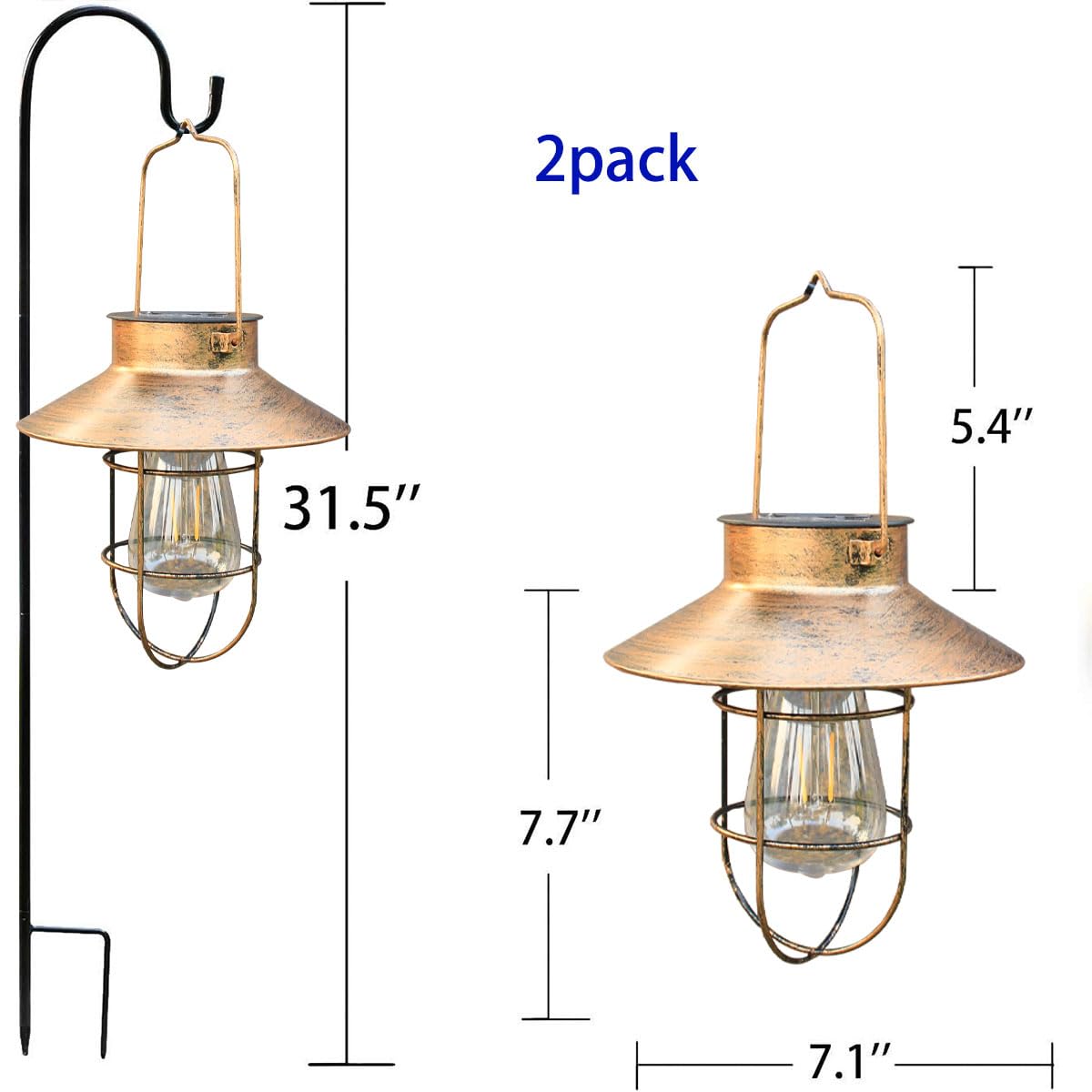 Solarlaternen, Hängeleuchten für den Außenbereich, Metall mit Schäferhaken, warmweiß, Edison-Glühbirnen-Design für Garten, Hof, Terrasse, Veranda, Dekoration (Kupfer) (Kupfer), 2 Stück