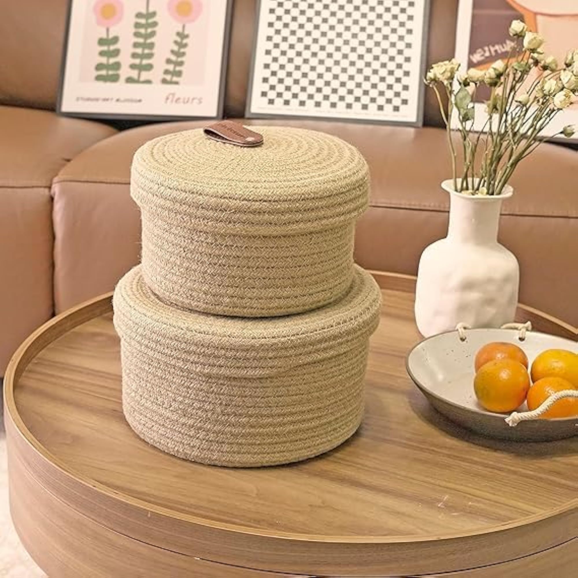 Set of 2 Handwoven Soft Jute Cotton Baskets