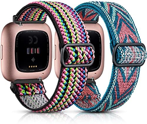 Fuleda Elastic Bands Compatible with Fitbit Versa 2 Band Women Men, 2Pack Soft Adjustable Nylon Breathable Sport Band for Versa/Versa 2/Versa Lite/SE Smartwatch Loop Stretchy Wristband, Black & Gray