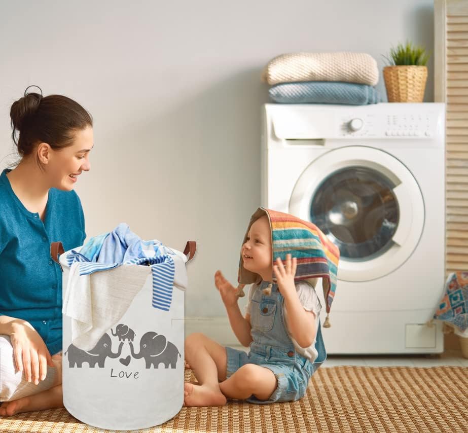 Image of 19.7 inch x 15.7 inchLaundry Basket,Round Cotton Linen Storage Bin with Drawstring Cover for Bathroom /Closet /Toys Storage(Elephants)