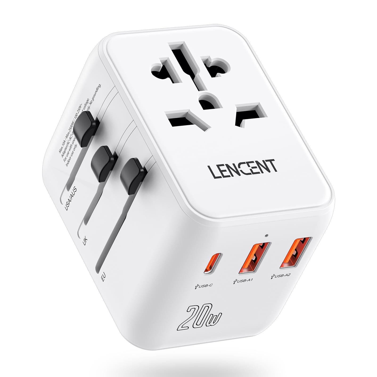 LENCENT Universeller Reiseadapter, Weltreise Reisestecker Internationaler Adapter mit 2 USB & Typ-C PD 20W, Weltweites Ladegerät für Handys, Laptop, USA/UK/EU/AUS Steckdosen, Weiß
