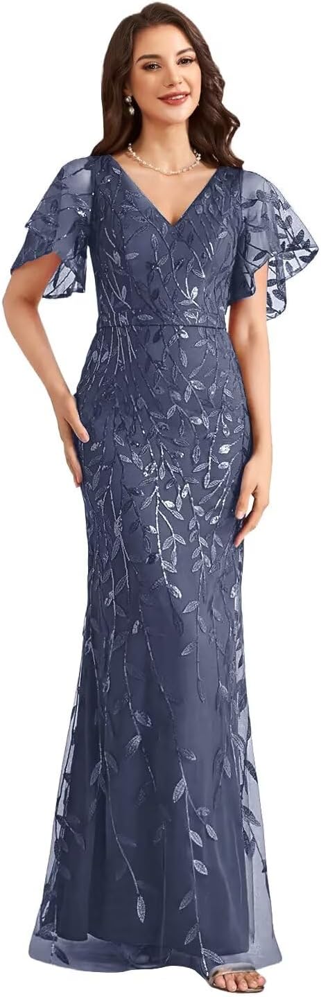 Sequin Mermaid Mother of The Bride Dresses for Wedding Long V-Neck Short Sleeve Formal Evening Gown