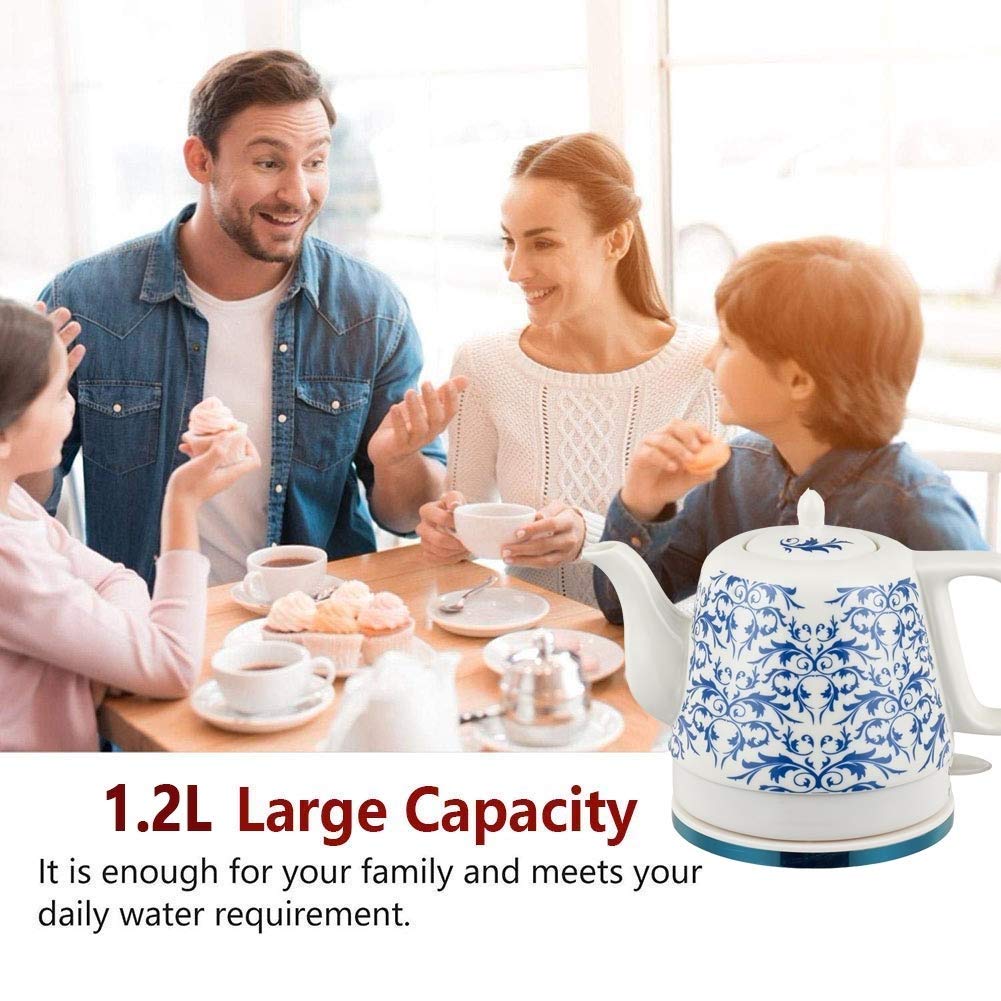 -Elektryczny, ceramiczny, bezprzewodowy, niebiesko-biały, porcelanowy czajnik, czajniczek, dzbanek o pojemności 1,2 l, szybko gotuje wodę na herbatę, kawę, zupę, płatki owsiane. Obecna wizja.