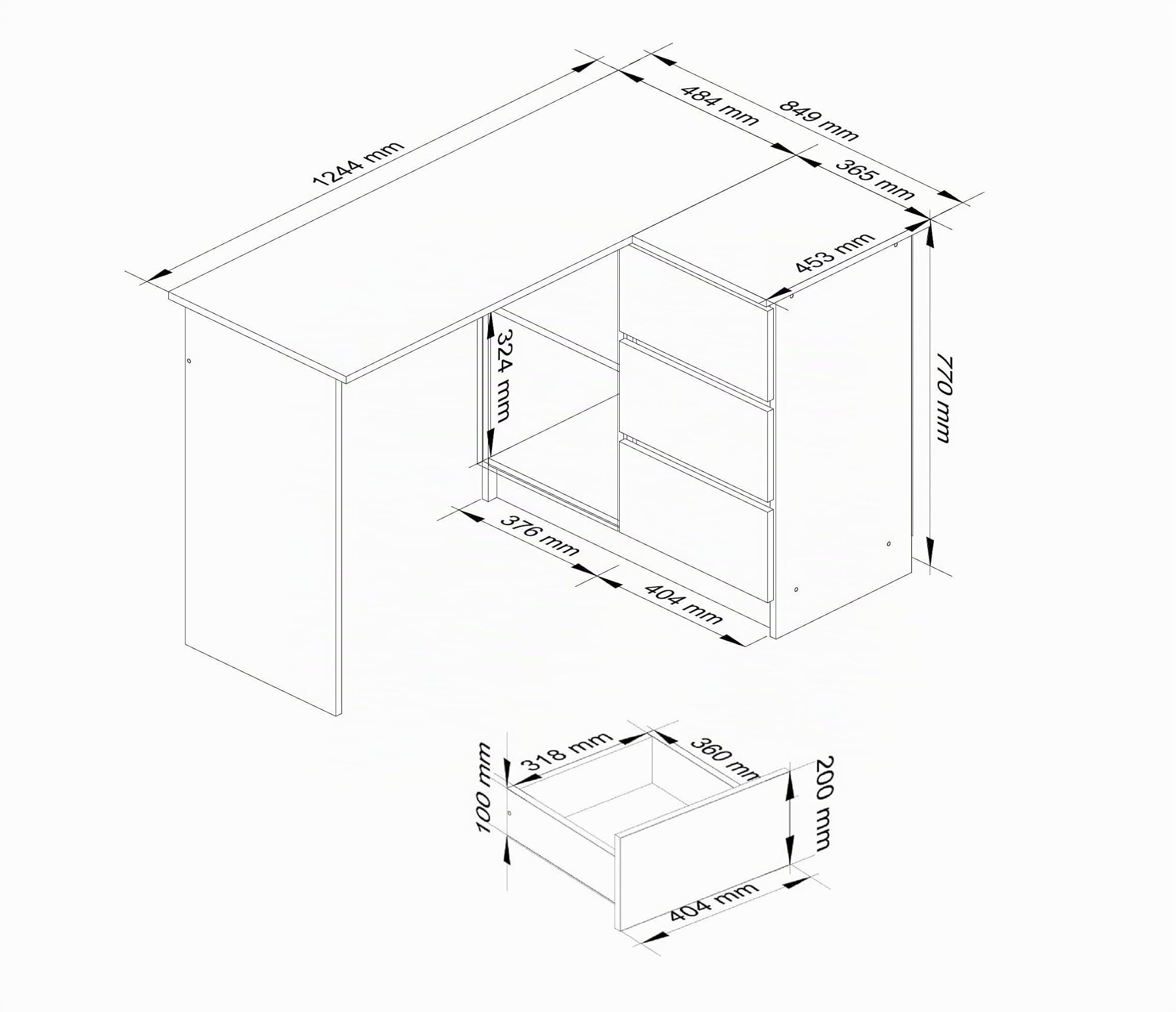 AKORD Bureau d'angle avec 2 étagères et 3 Tiroirs | Table avec Meuble de Rangement intégré et modulable | L124 x H77 x P85 | Fourniture Bureau | Blanc & Graphite Façade