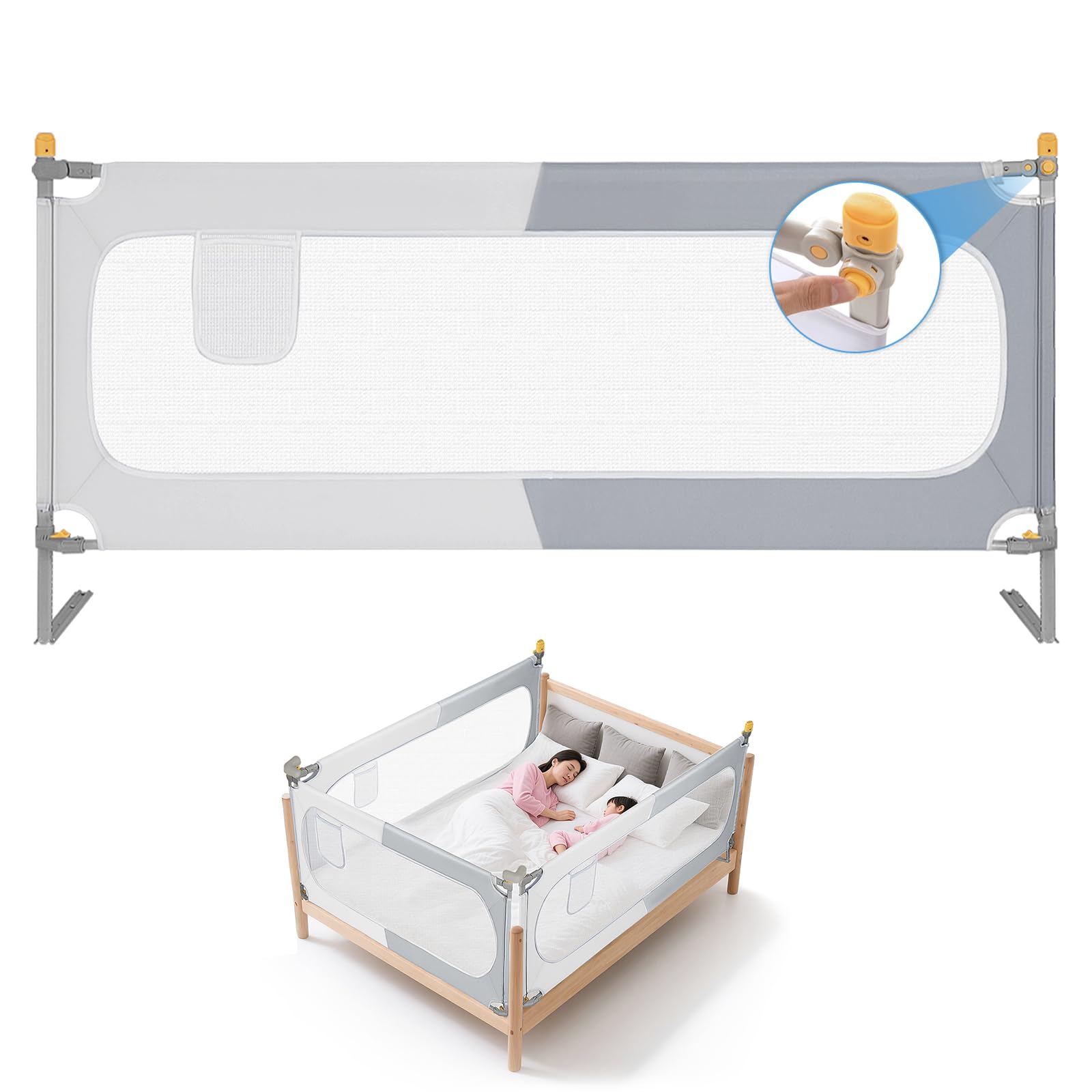 OUUTMEE 150cm Bettschutzgitter Bett Rausfallschutz Kinder Klappbar Rausfallschutz 30 Fach Höhenverstellbar Bettgitter,Grau-Weißes Farbblockmuster