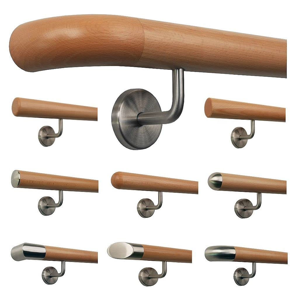 TIBU Barandilla de haya, mango de madera para escalera, soporte de acero inoxidable, longitud 30 – 500 cm, variante: 80 cm, con 2 soportes de madera curvada