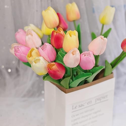 Miniatura 5 de 20 piezas de tulipanes artificiales, flores de seda de tacto real, tulipanes rosados amarillos, arreglos florales para boda, hogar, oficina, fiesta