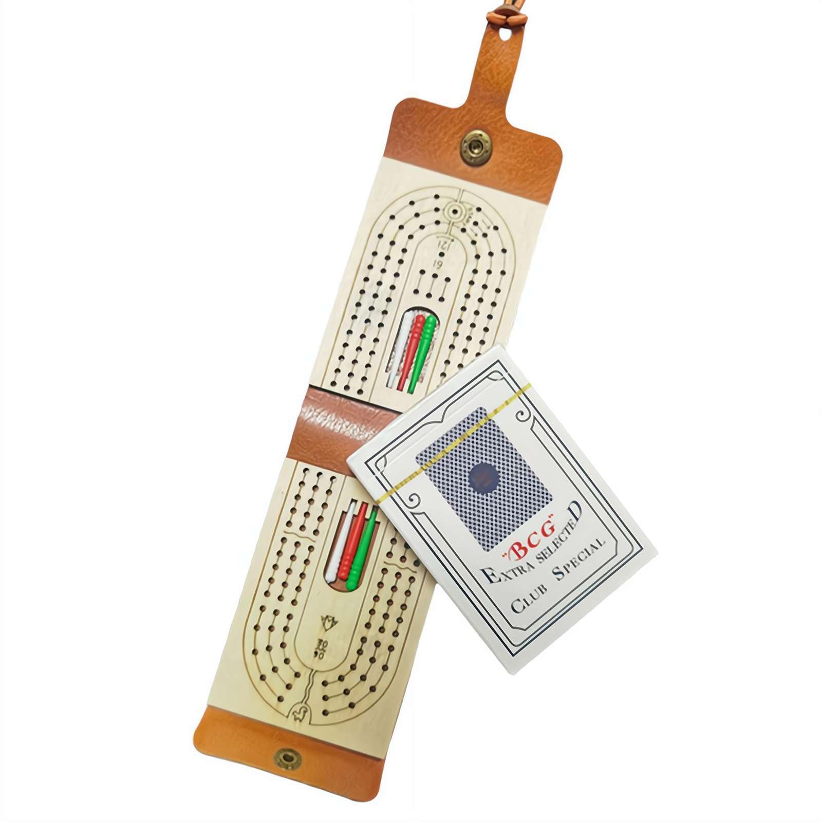 Folding Travel Cribbage Game, Leather Cribbage Board Set, Travel Cribbage Board with Playing Card, 6 Pegs, Portable Travel-Size Cribbage Set, for