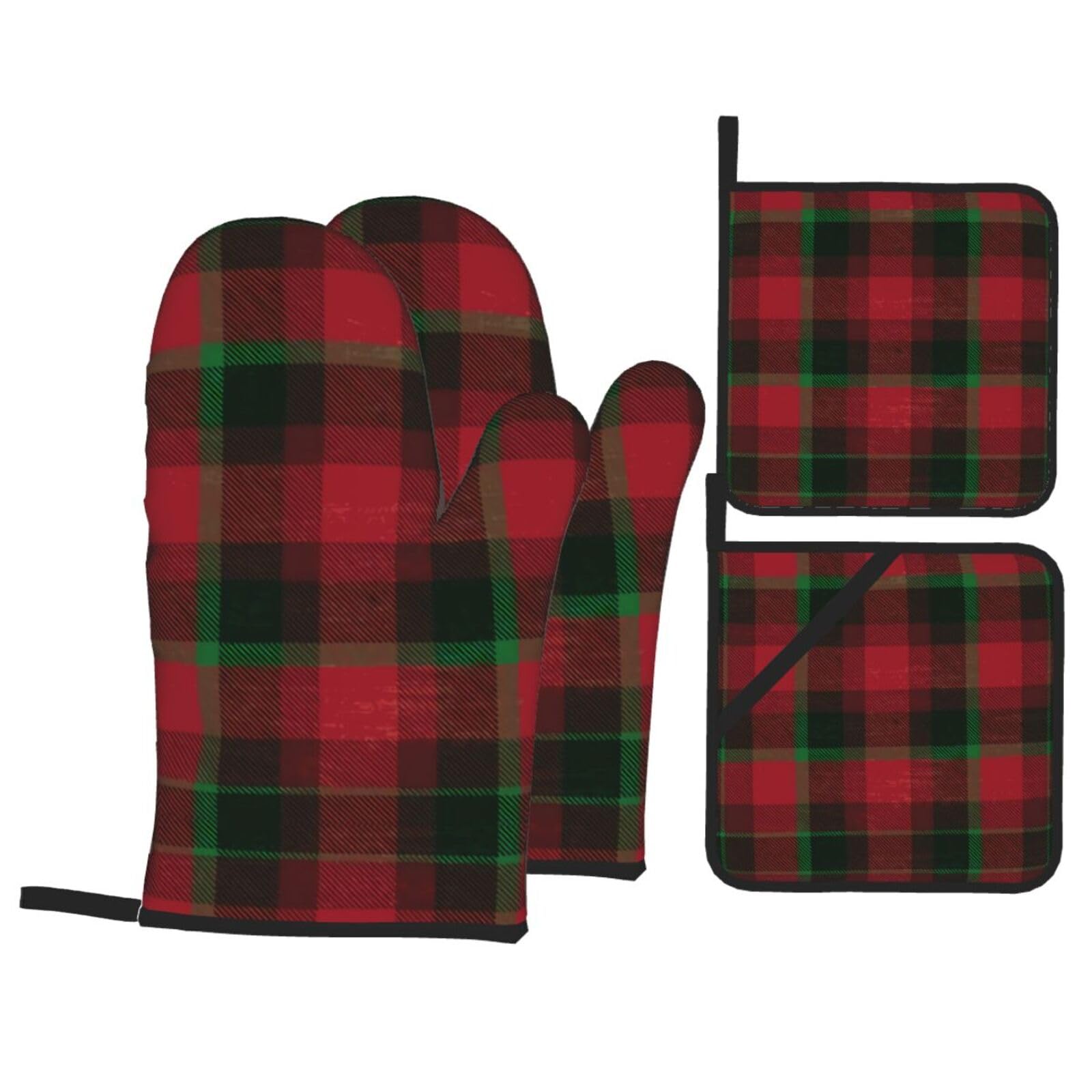 Tartan Heat Resistant Oven Mitts and Pot Holders Set of 4 Protection Utensil Pocket for Grilling Baking Cooking
