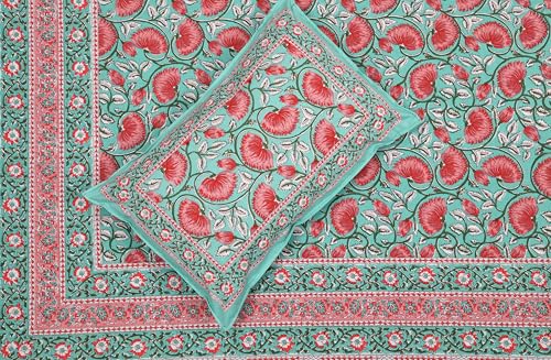 Image of ElanorHomes 240 TC Cotton Double King Size Bedsheet | Ultra-Soft & Skin-Safe | Breathable Summer Comfort | 93x108 inches with 2 Pillow Covers (Turquoise Pink Lotus)