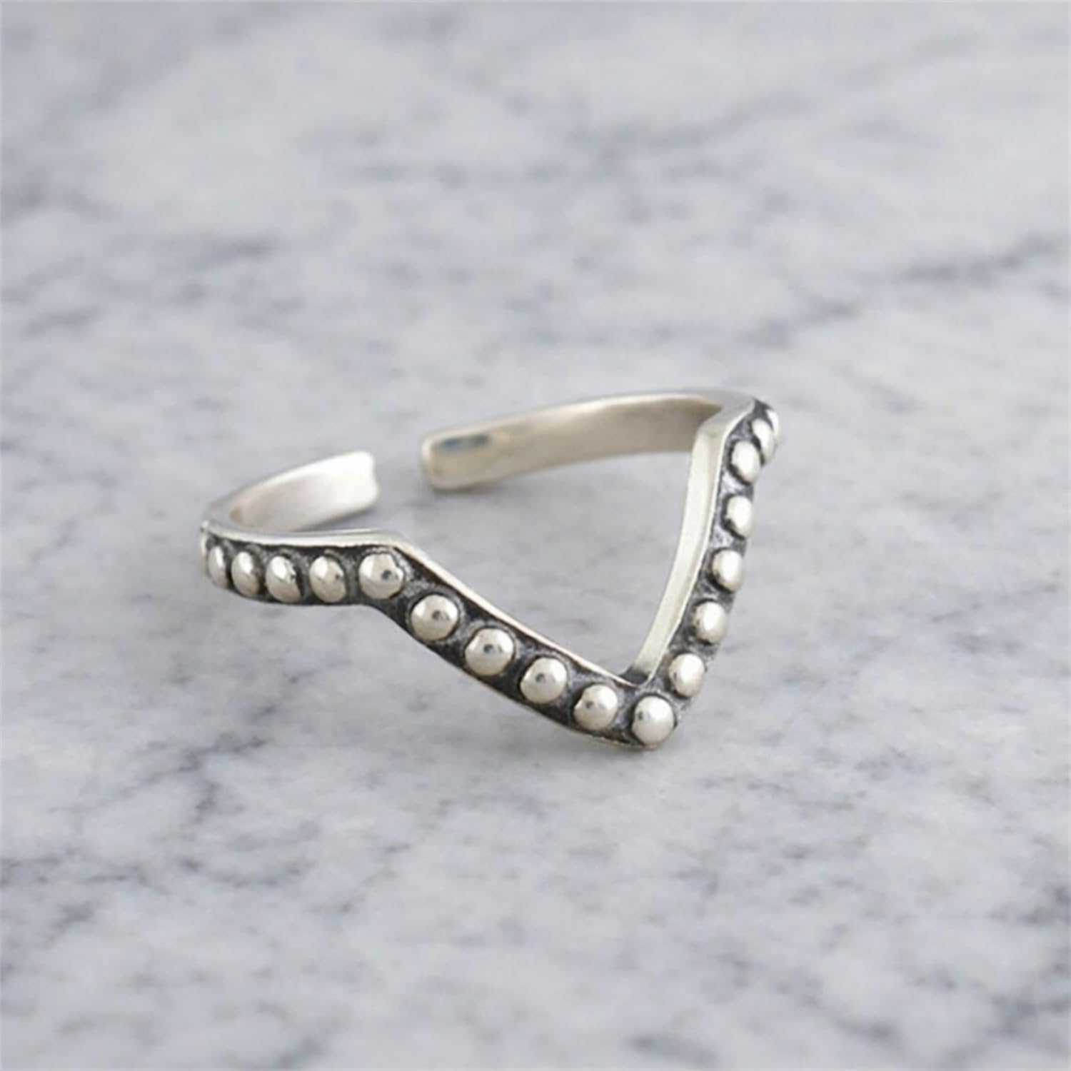 Sterling Silver Oxidized Wishbone Chevron V Shape Beaded Stacking Ring