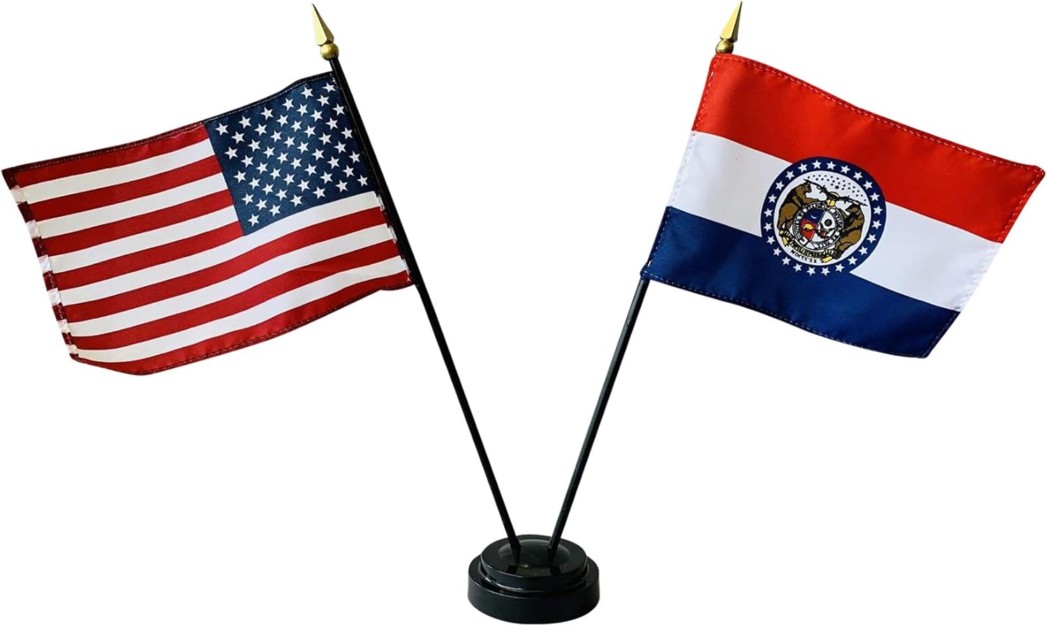 Set of 3 4x6" E-Gloss Missouri Stick Flag w/U.S. Stick Flag & 2 Flag Plastic Table Base - Made in the USA