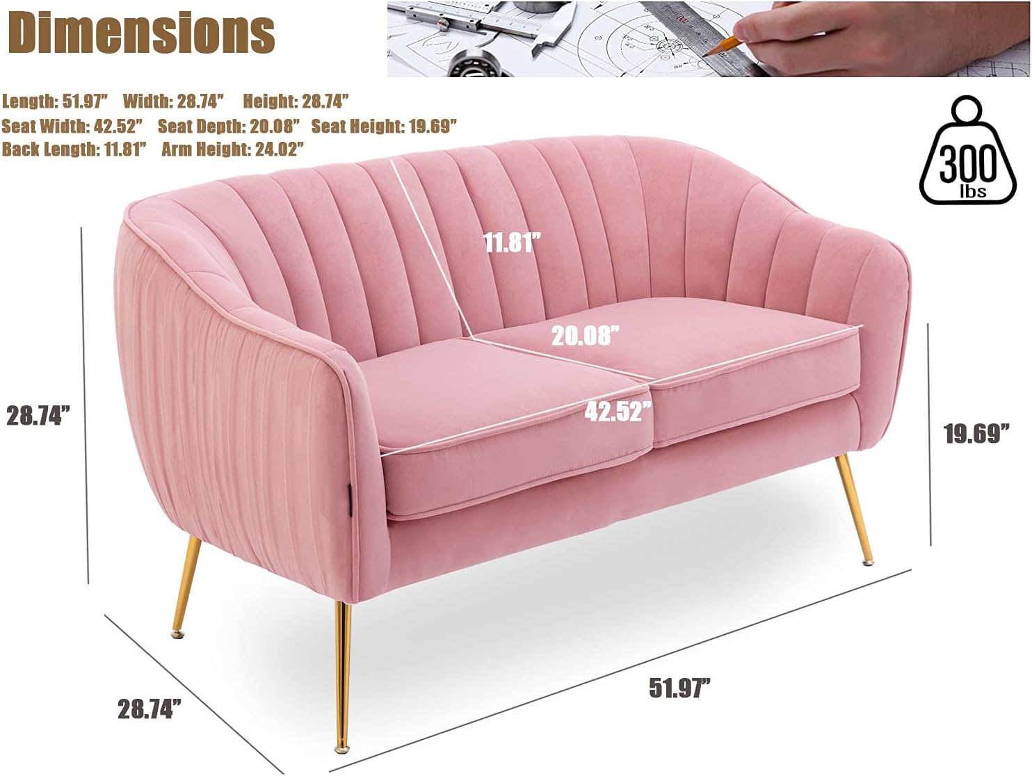 Velvet Sofa Couch for Two People, Modern Loveseat for Living Room Bedroom Small Spaces, Blush Pink