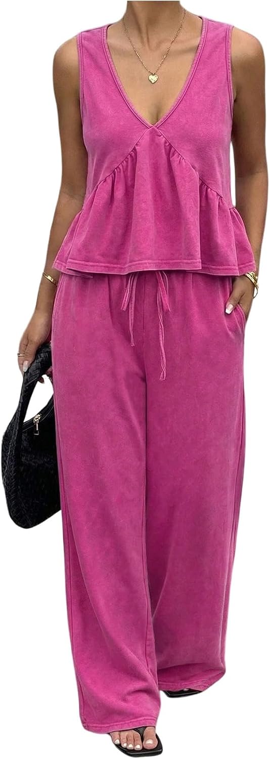 SOLY HUX Women's Pants Sets 2 Piece Outfits Sleeveless V Neck Crop Top and Pants Summer Matching Sets