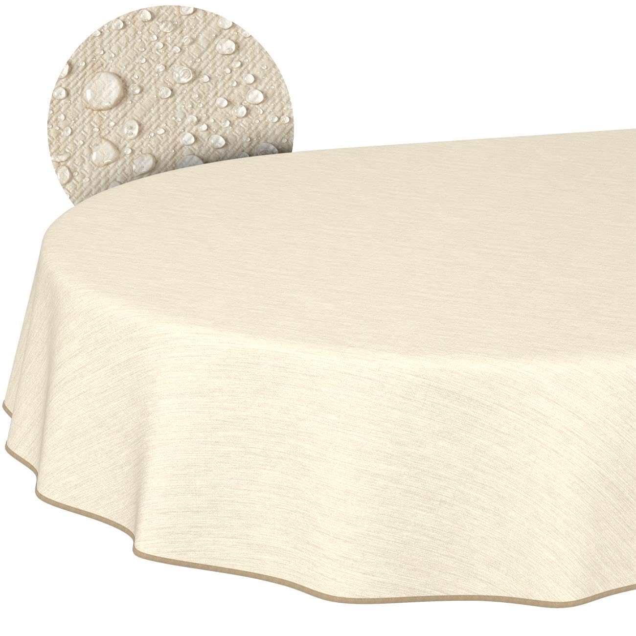 Nappe de Table en Toile cirée - Aspect Lin - Facile d'entretien et imperméable - Ovale - 240 x 140 cm - Crème avec Ourlet