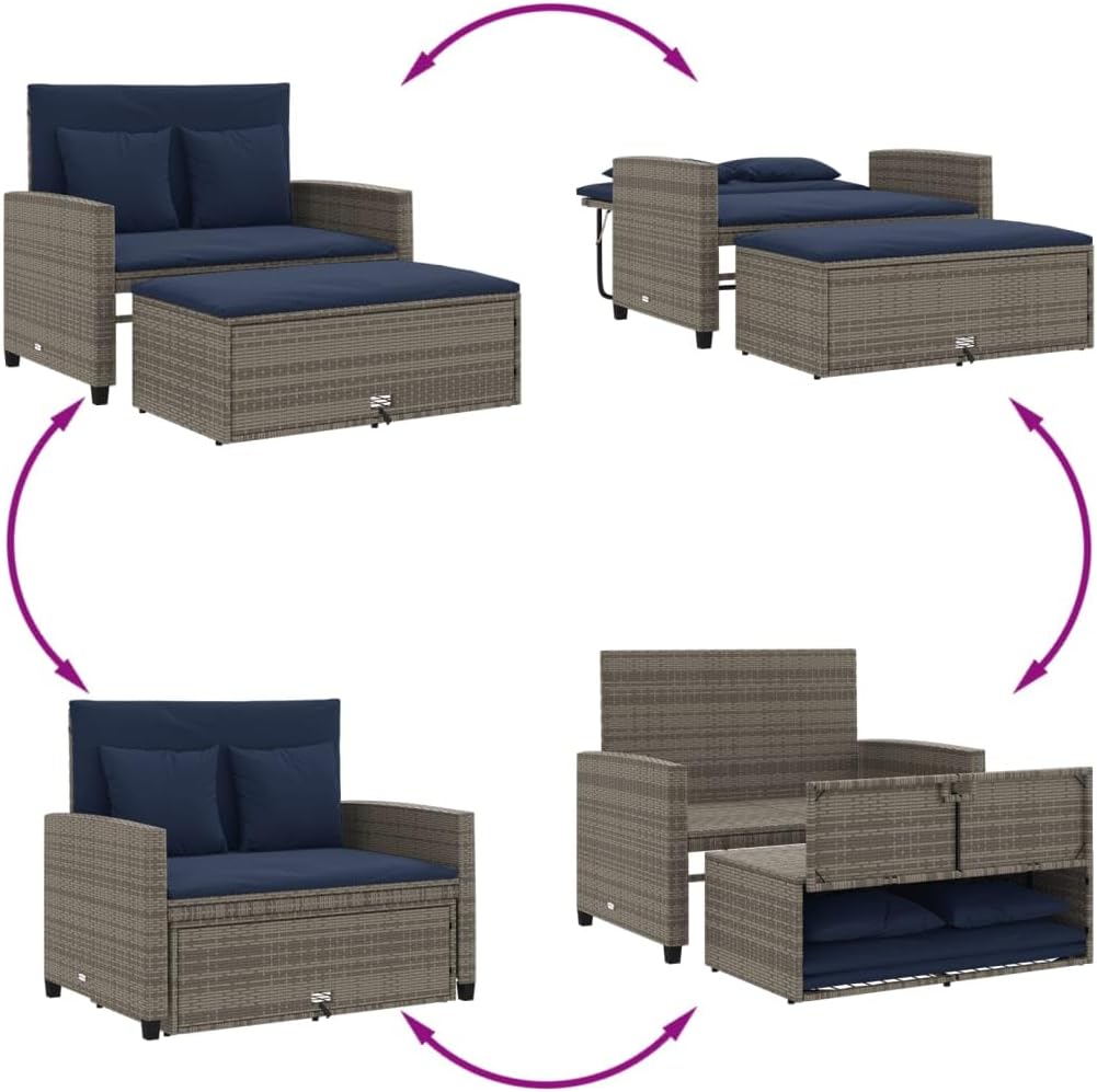 vidaXL Patio Sofa with Cushions 2-Seater, Storage Garden Bench, Patio Loveseat for Balcony Garden, Outdoor Furniture, Gray Poly Rattan