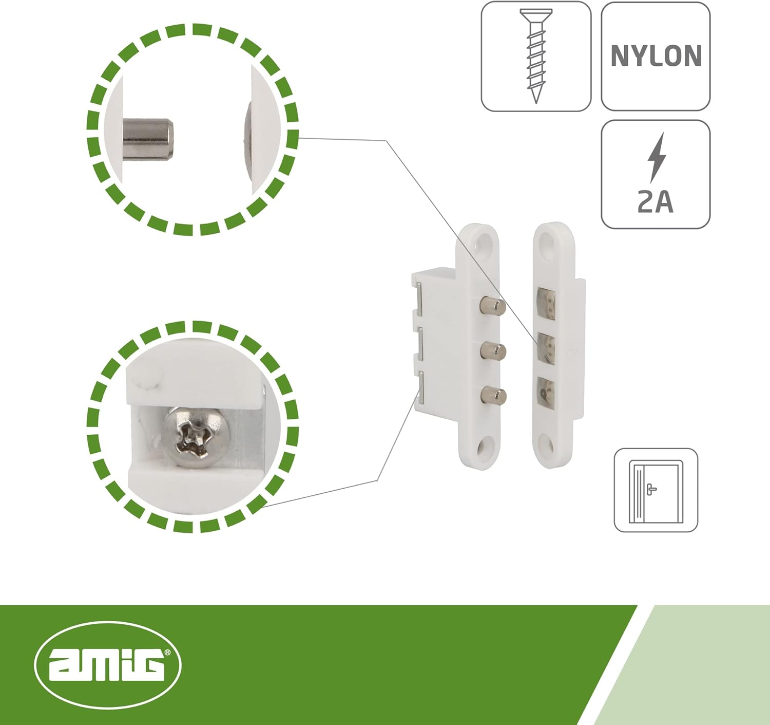 Amig - Connector for Doors with 3 Terminals Mod. 2P - Maximum Amperage: 2A - 71 x 14 mm - Allows The Passage of Current While The Door is Closed - White Nylon