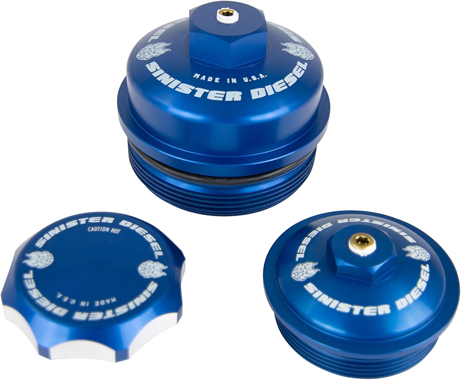 Sinister Diesel Billet Blue Cap Kit for 2003–2007 Ford Powerstroke 6.0L – Coolant Reservoir, Oil and Fuel Filter Cap Upgrade
