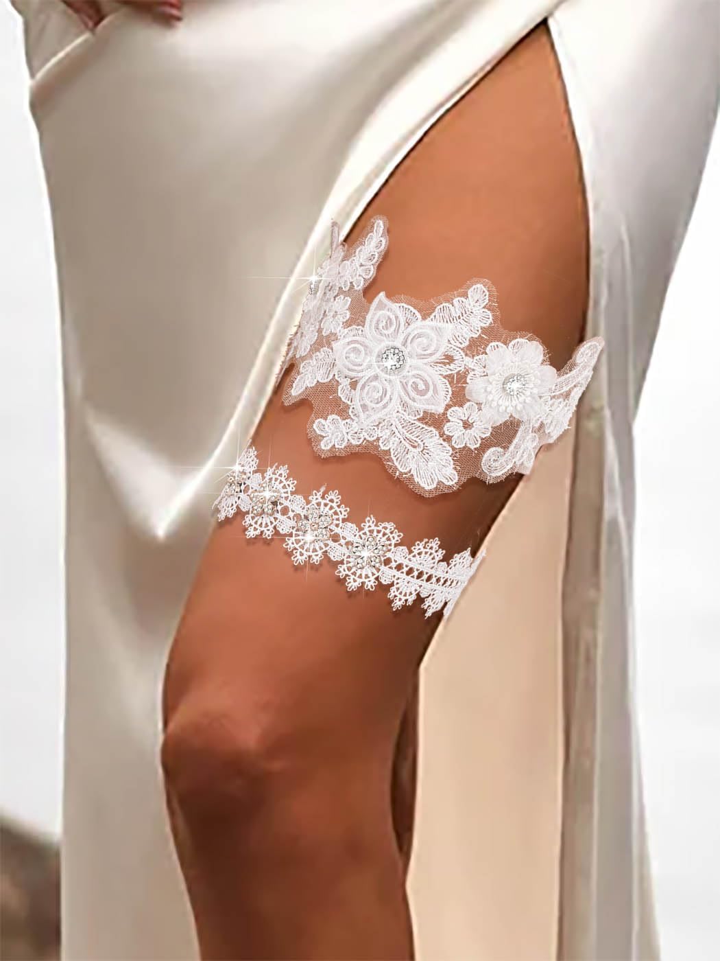 Urieo Floral Crystal Wedding Garters Rhinestone White Lace Garter Stretch Bride Bridal Prom Party Leg Garter Set for Women(Pack of 2)