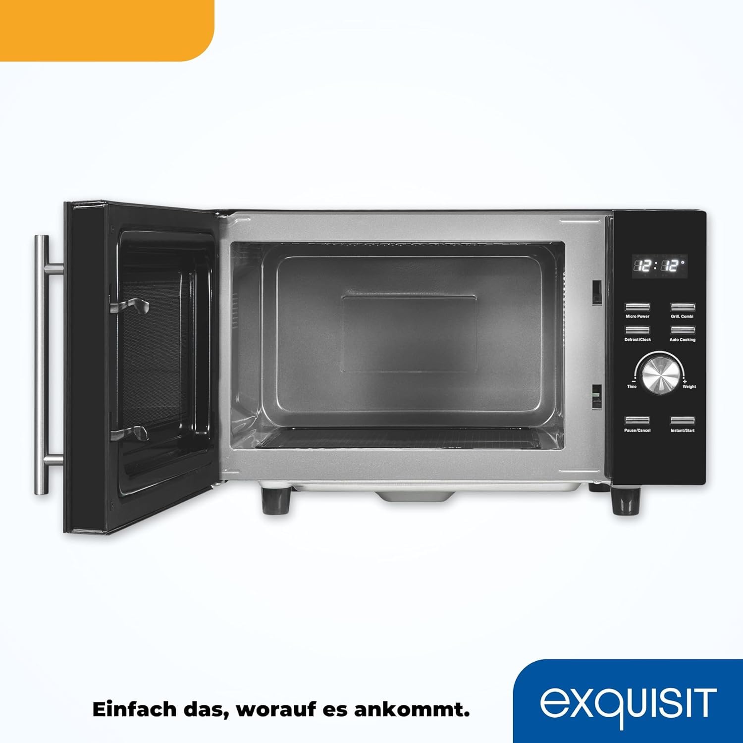 Exquisit Mikrowelle mit Grill & Flatbed - 23 Liter, 750 W, Schwarz | Ohne Drehteller, 1 000 W Grillfunktion, 5 Leistungsstufen, digitales Display – kompaktes Schwarz-Matt-Design